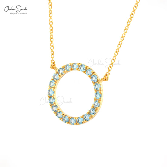 Real 14k Yellow Gold Swiss Blue Topaz Open Circle Necklace