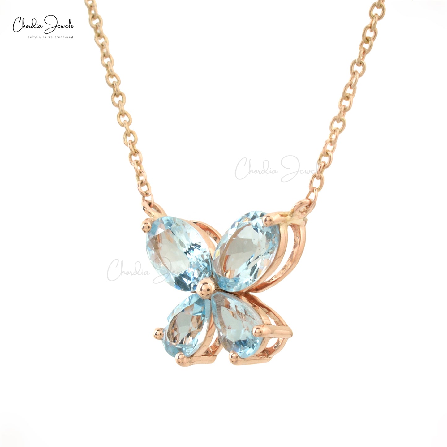 Good Quality Luxury Sky Blue Stone Butterfly Necklace March Birthstone Natural Aquamarine Necklace in 14k Rose Gold Gift For Women