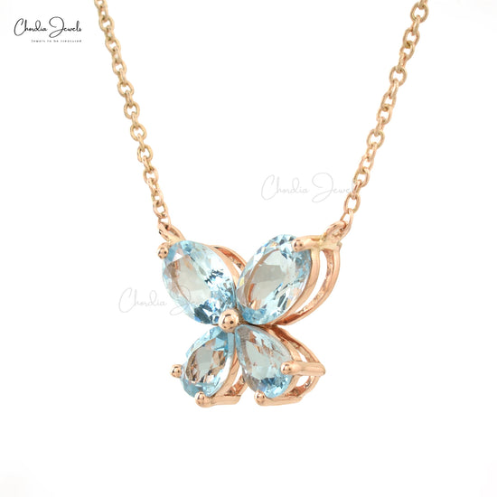 Good Quality Luxury Sky Blue Stone Butterfly Necklace March Birthstone Natural Aquamarine Necklace in 14k Rose Gold Gift For Women