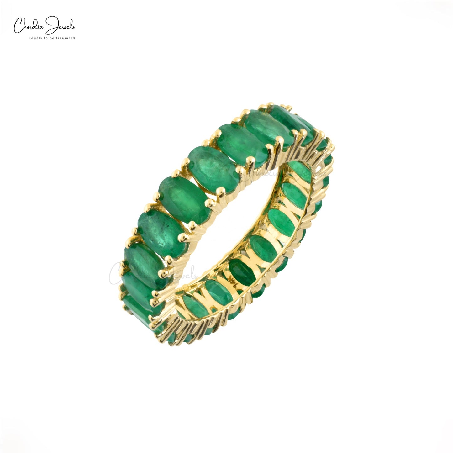 Load image into Gallery viewer, Natural Green Emerald 5x3mm Oval Cut Gemstone Eternity Band 14k Solid Yellow Gold Eternity Ring For May Birthstone

