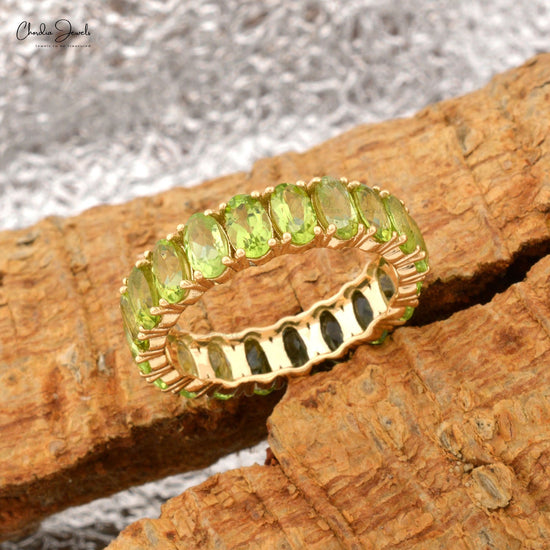 Natural Peridot Ring, 14k Solid Yellow Gold Peridot Band, August Birthstone Eternity Band Ring, 5 Carat Natural Gemstone Wedding Ring, 5x3mm Oval Cut Anniversary Ring For Her