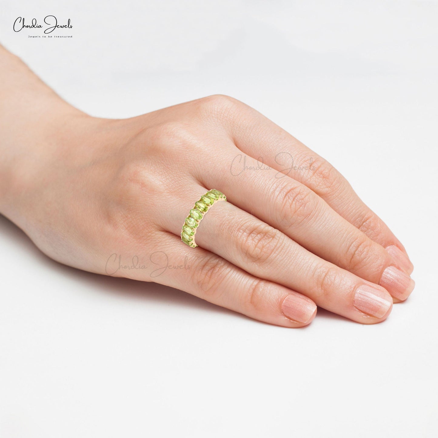 Eternity Gemstone Ring With 5x3mm Peridot Handmade Stack Band In 14k Yellow Gold