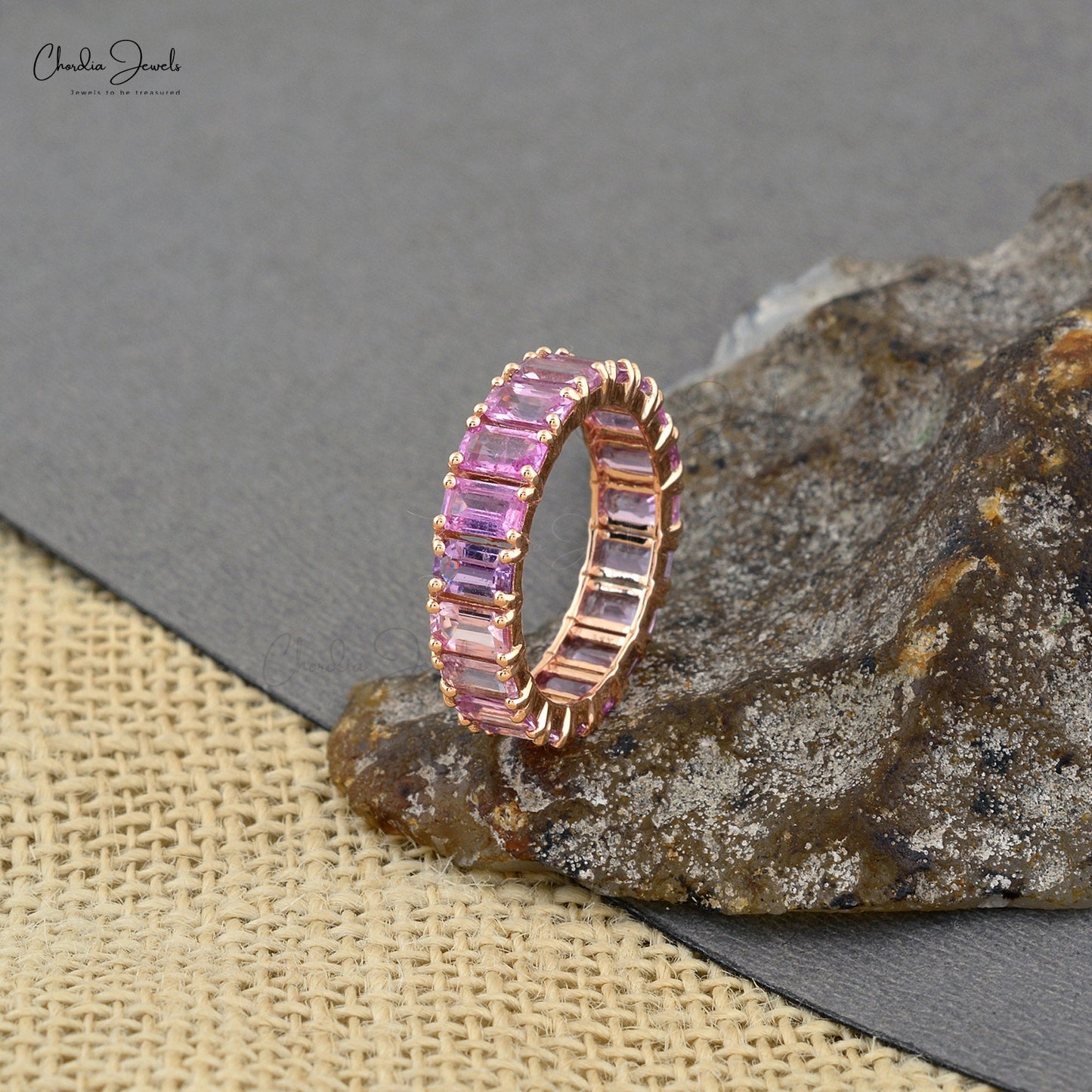 14k Solid Rose Gold Anniversary Ring For Women, 5x3mm Octagon Cut Pink Sapphire Ring Band For Her, September Birthstone Eternity Band Ring, 7.22 Carat Natural Gemstone Ring