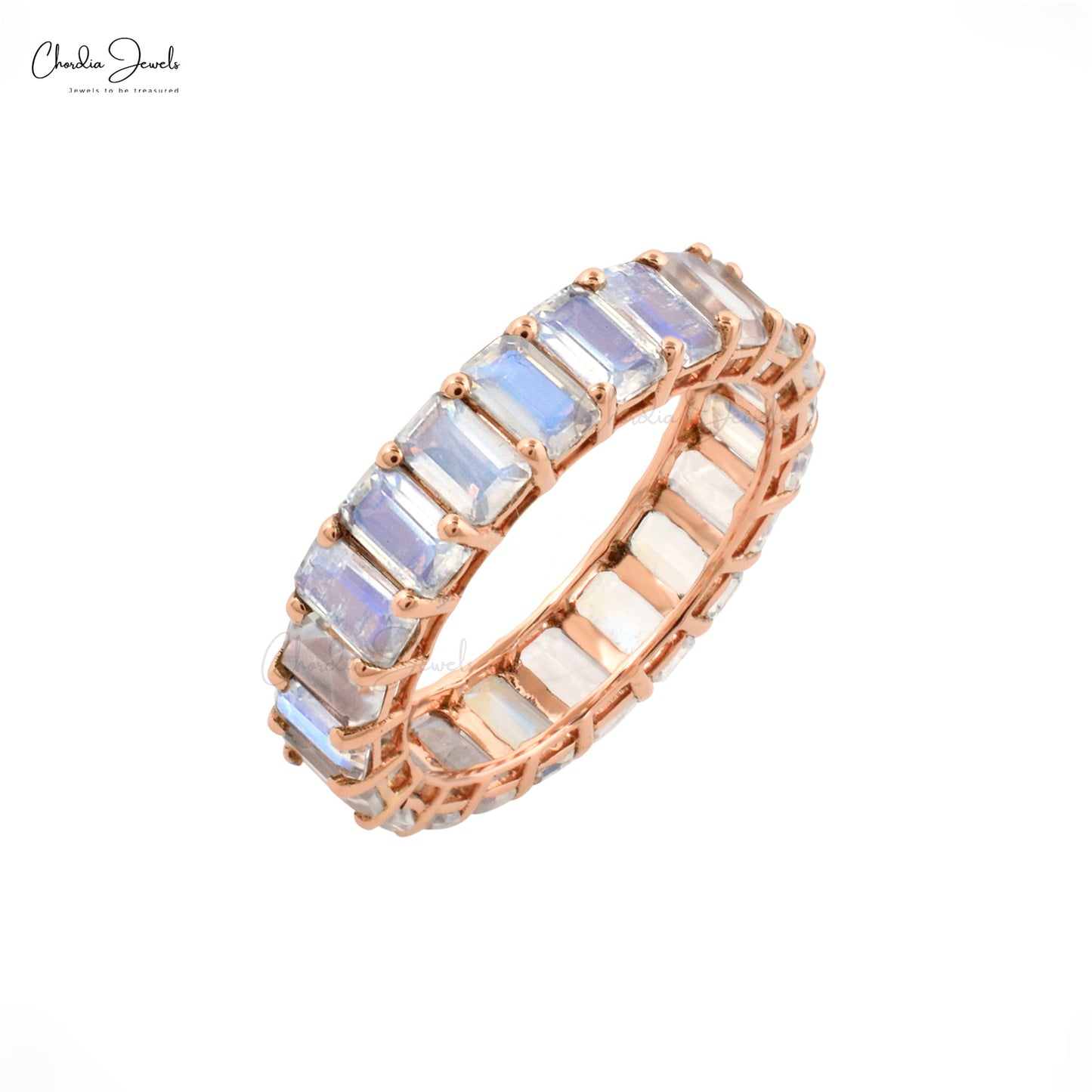 Load image into Gallery viewer, Genuine Rainbow Moonstone 5x3mm Octagon Cut Eternity Band 14k Solid Rose Gold Minimalist June Birthstone Ring For Engagement
