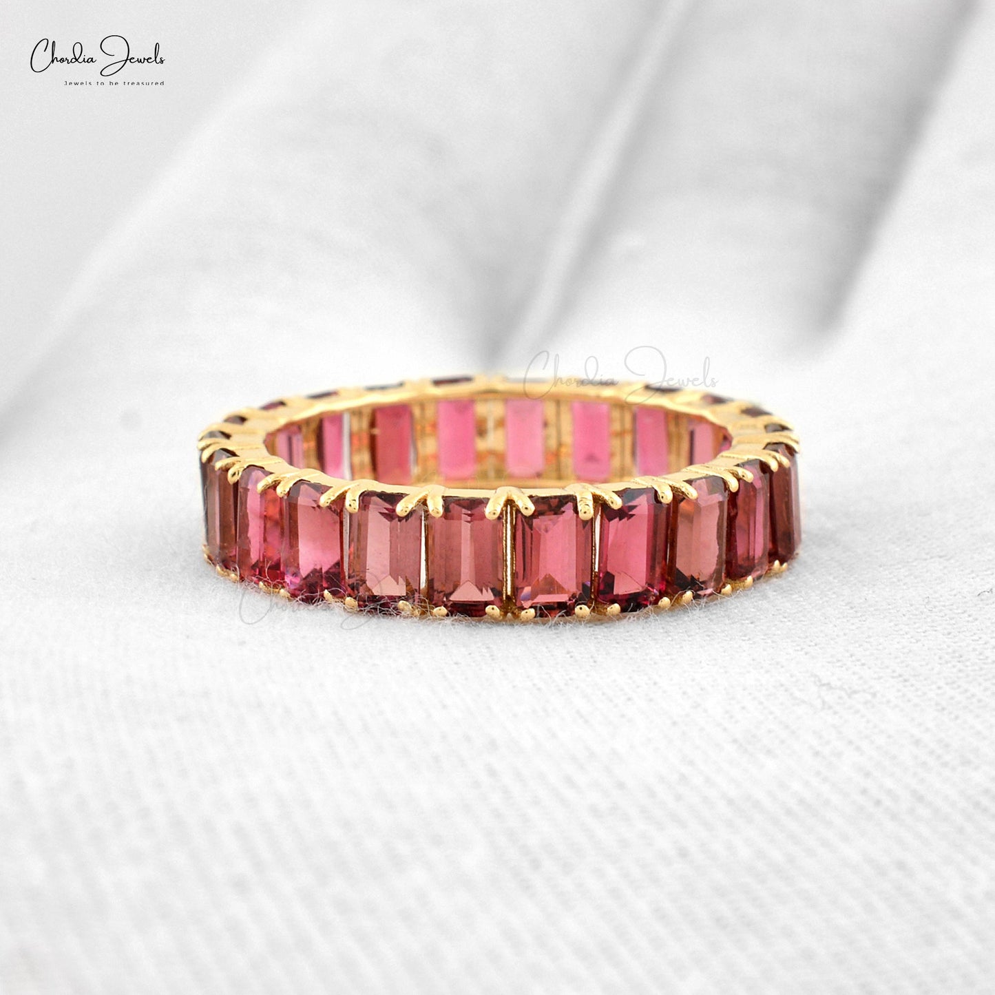 Pink Tourmaline Eternity Band Ring October Birthstone, 5x3mm Octagon Cut Pink Tourmaline Ring Band For Her, 6.65 Carat Natural Gemstone Ring For Gift, 14k Solid Yellow Gold Ring Gift For Her