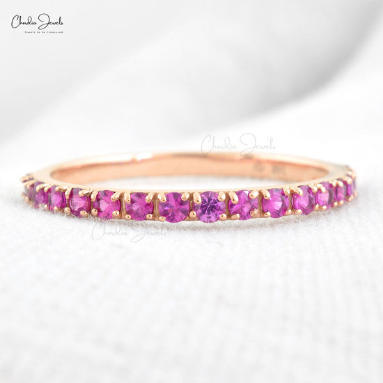 14K Solid Rose Gold September Birthstone Gemstone Half Eternity Band For Women, 0.51Cts Natural Pink Sapphire Band For Anniversary Gift