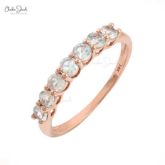 14k Solid Rose Gold Natural Rainbow Moonstone Eternity Band Ring for Anniversary Gift