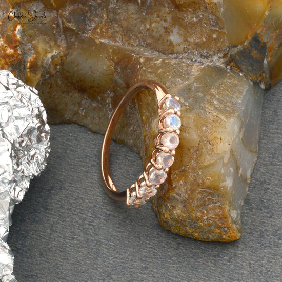 14k Solid Rose Gold Natural Rainbow Moonstone Eternity Band Ring for Anniversary Gift