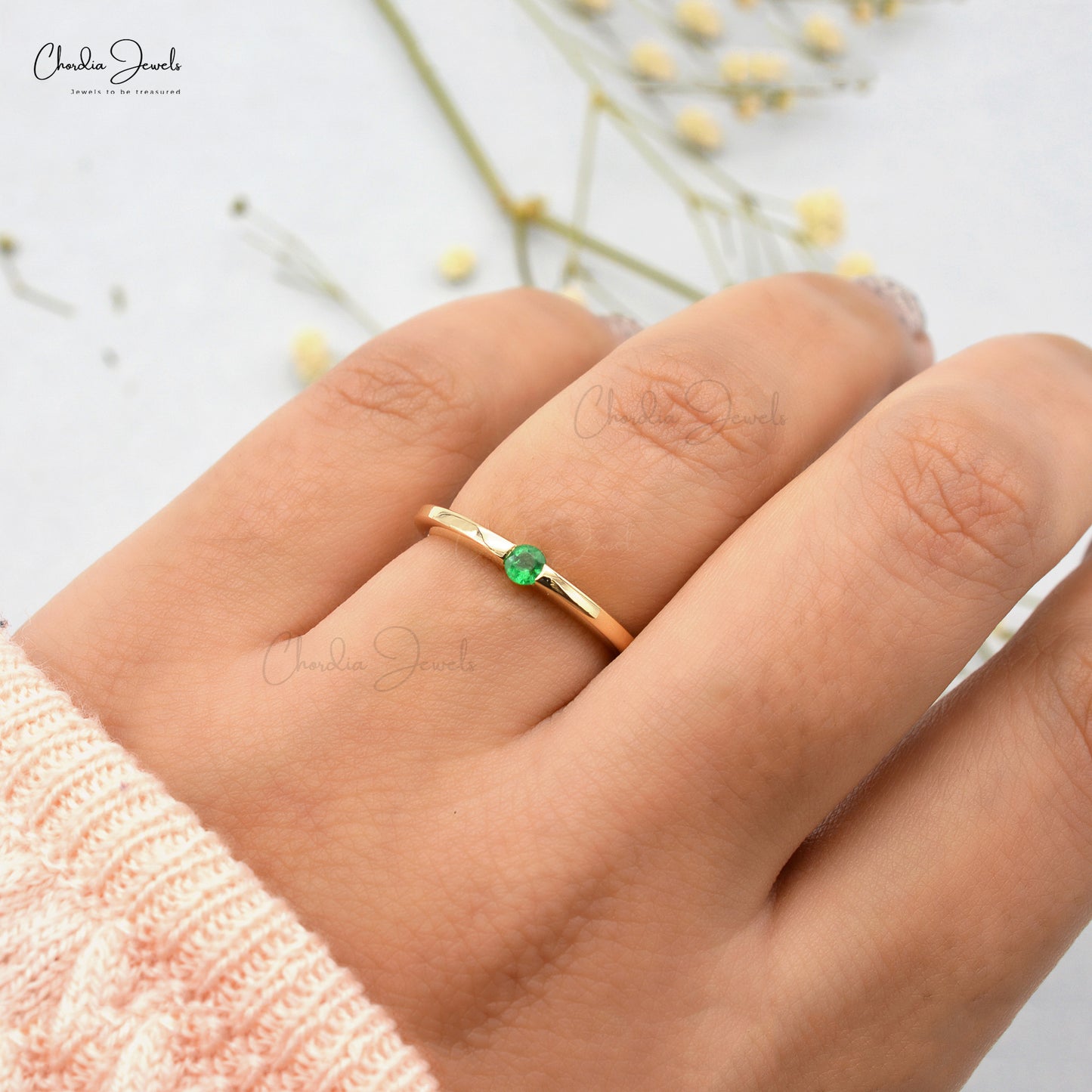 Natural 3mm Round Cut Green Emerald Solitaire Ring For Anniversary