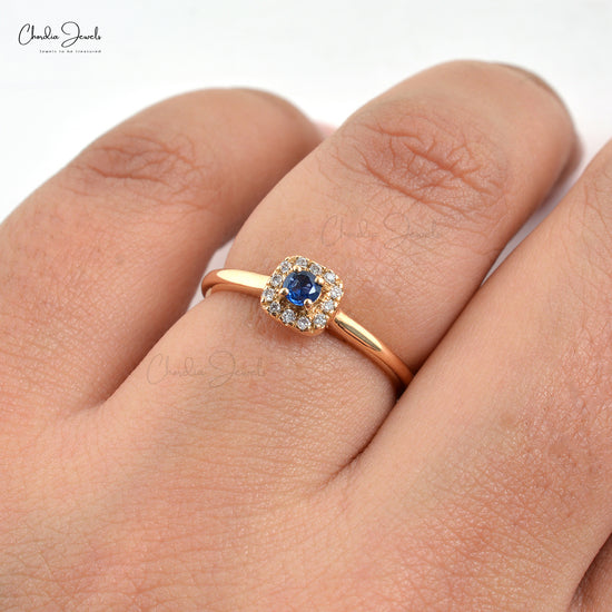 3mm Round Cut Natural Blue Sapphire Dainty Ring For Women, 14k Solid Yellow Gold Diamond and September Birthstone Gemstone Ring