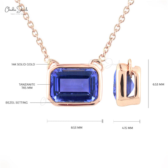 Real 14k Solid Rose Gold December Birthstone Gemstone Necklace Pendant 7x5mm Octagon Cut Natural Tanzanite Fine Jewelry
