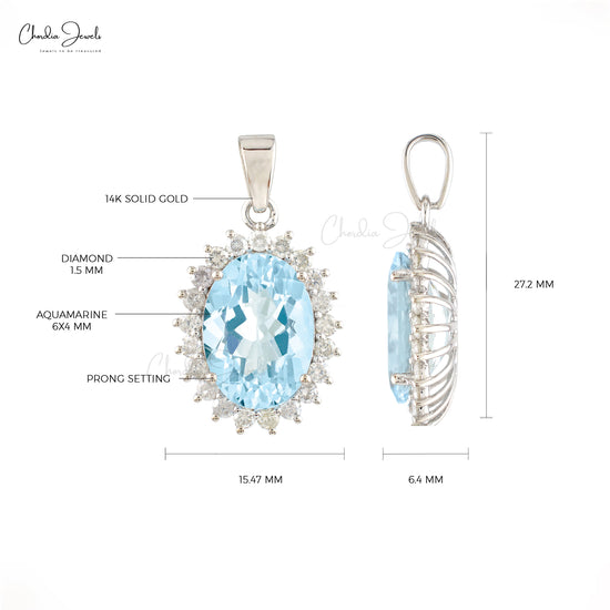 Oval Wedding Pendant With 4.47 Ct Aquamarine Halo Diamond Pendant In 14k White Gold