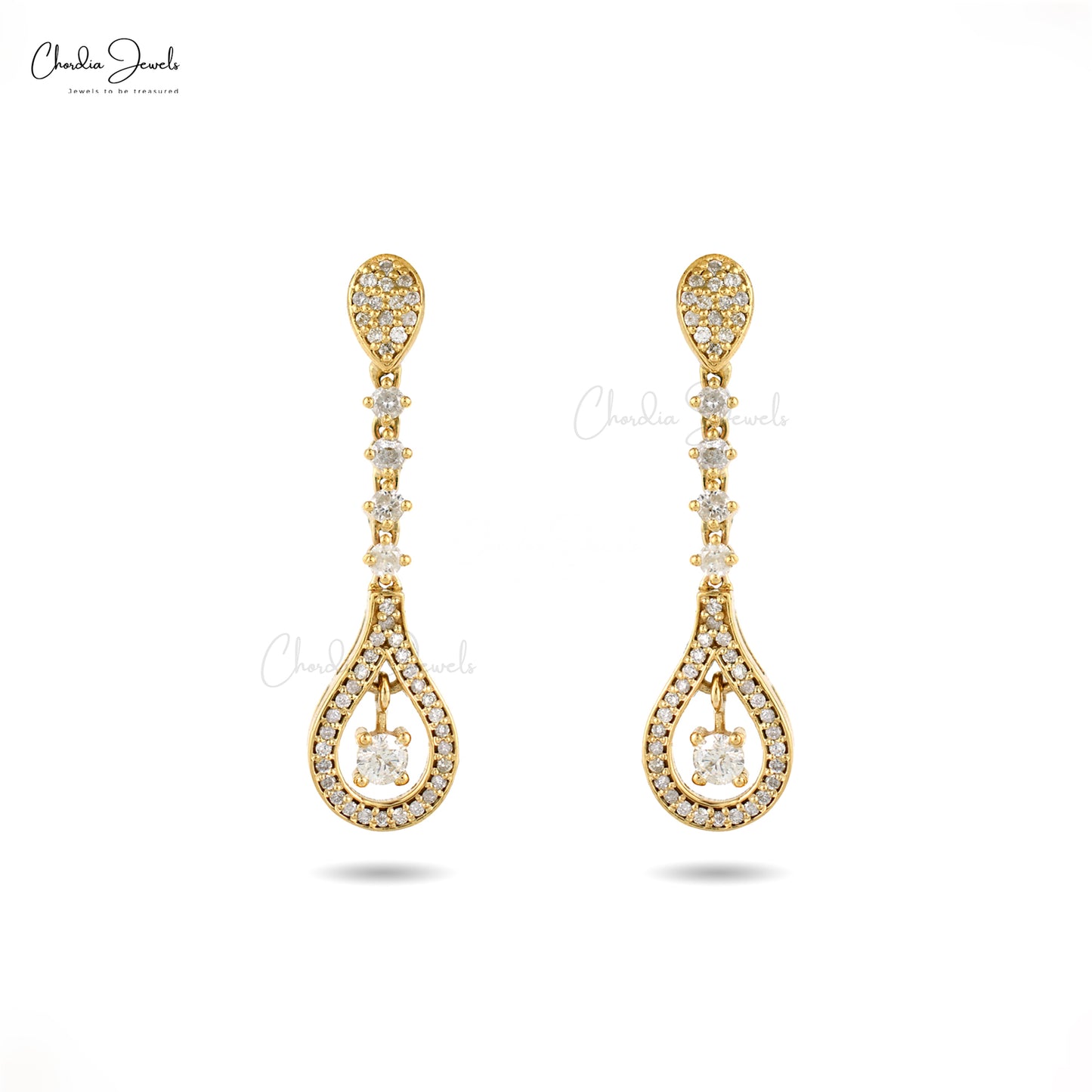 Elegant 14k Solid Yellow Gold Diamond Drop Earrings with Round-Shaped Diamonds