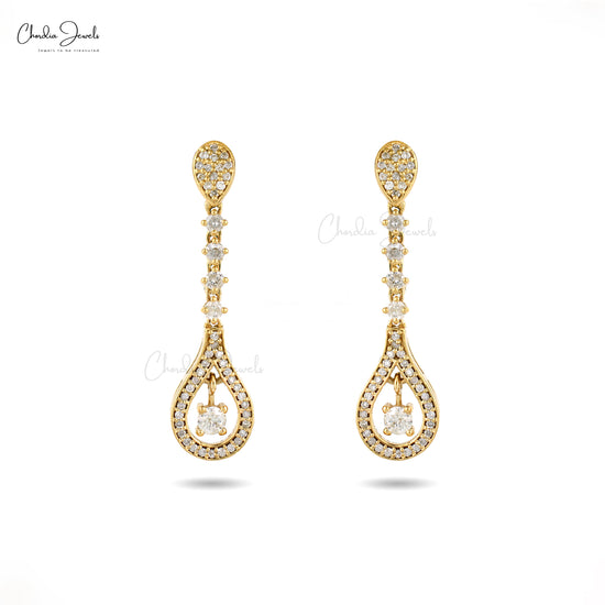Elegant 14k Solid Yellow Gold Diamond Drop Earrings with Round-Shaped Diamonds