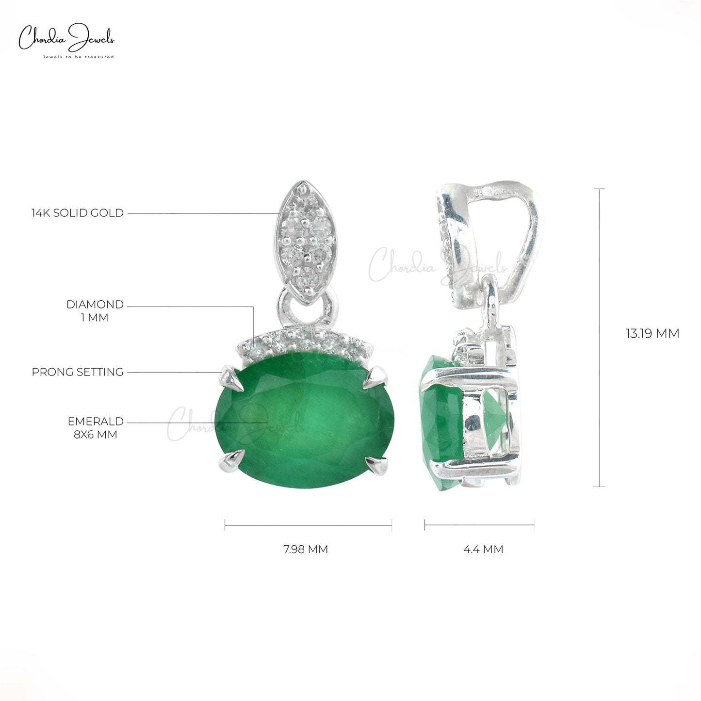 Solid 14k White Gold Dainty Pendant Genuine Emerald & Diamond Light Weight Pendant