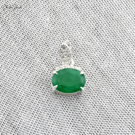 Natural Emerald Dainty Pendant, 14K Solid White Gold Diamond Pendant, 8x6mm Oval Cut Emerald Handmade Prong Setting Pendant, Gift For Her