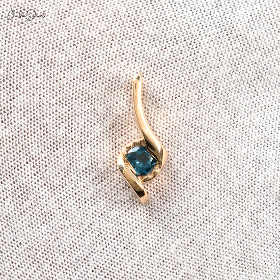 Genuine London Blue Topaz Gemstone Solitaire Pendant Necklace 14k Solid Yellow Gold Hallmarked Jewelry For Valentine's Day Gift