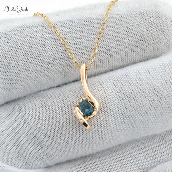 Genuine London Blue Topaz Gemstone Solitaire Pendant Necklace 14k Solid Yellow Gold Hallmarked Jewelry For Valentine's Day Gift