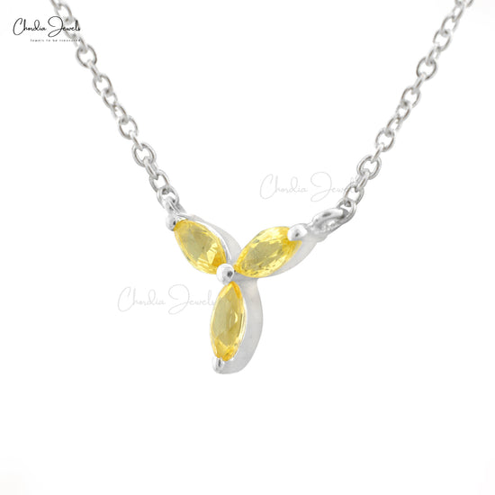 Customized Marquise Shape Authentic Yellow Sapphire Three Stone Necklace Pendant in 14k Real White Gold Dainty Jewelry For Birthday Gift