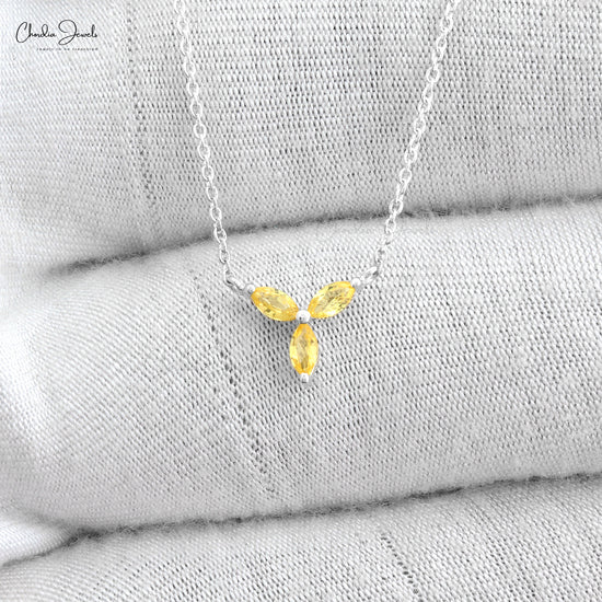 Customized Marquise Shape Authentic Yellow Sapphire Three Stone Necklace Pendant in 14k Real White Gold Dainty Jewelry For Birthday Gift