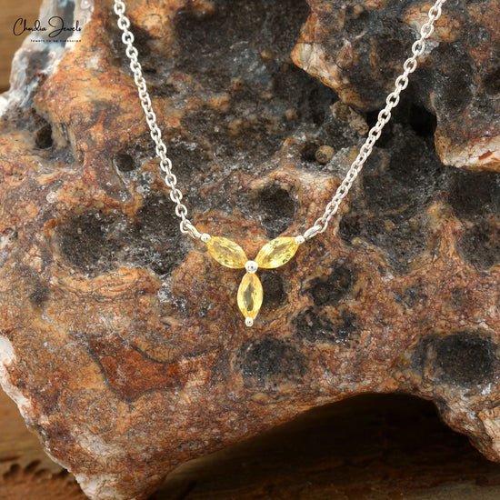 Customized Marquise Shape Authentic Yellow Sapphire Three Stone Necklace Pendant in 14k Real White Gold Dainty Jewelry For Birthday Gift