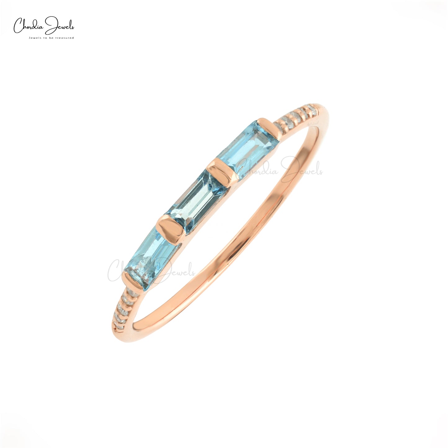 Natural 4X2mm Baguette Cut Aquamarine Ring in 14k Solid Rose Gold