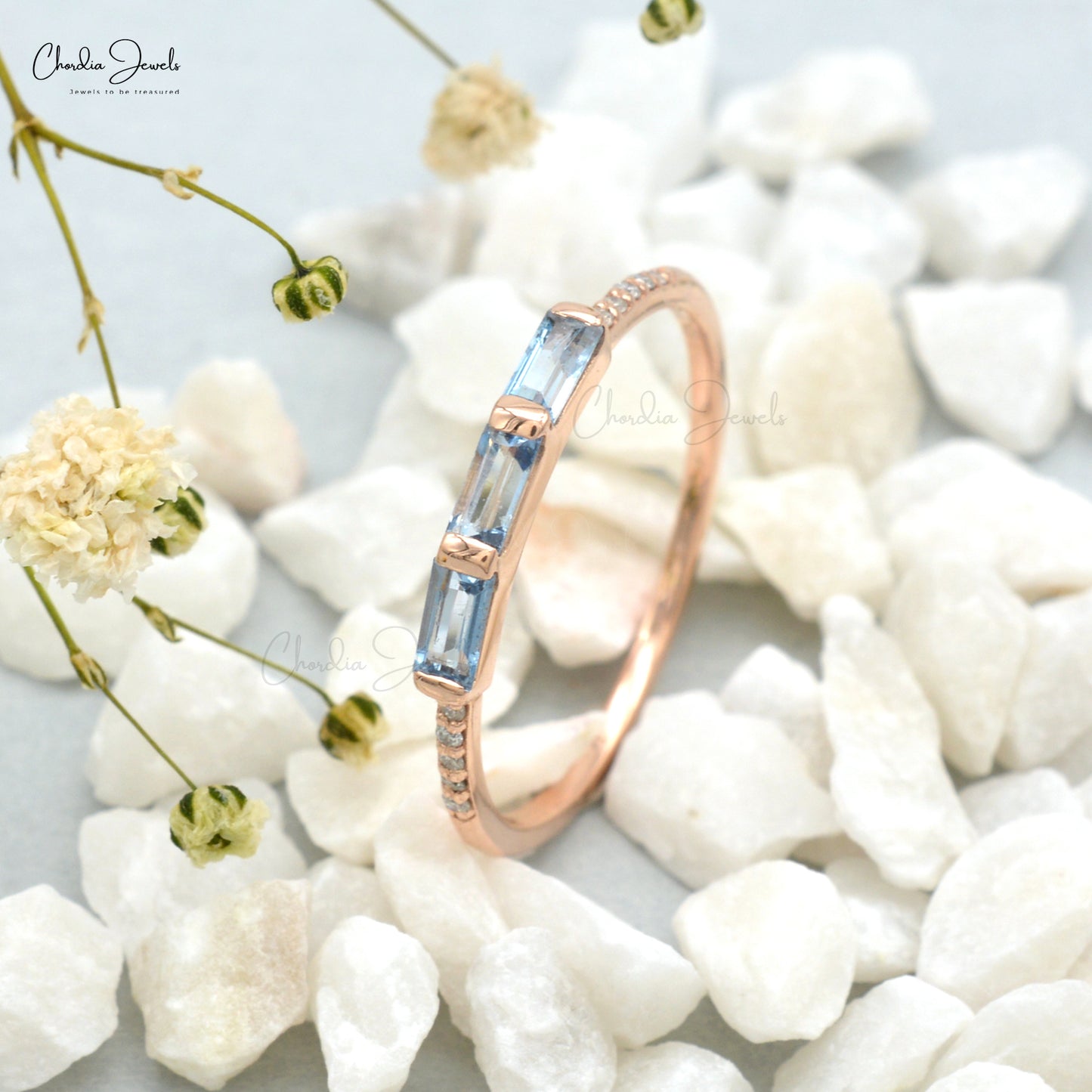 Natural 4X2mm Baguette Cut Aquamarine Ring in 14k Solid Rose Gold