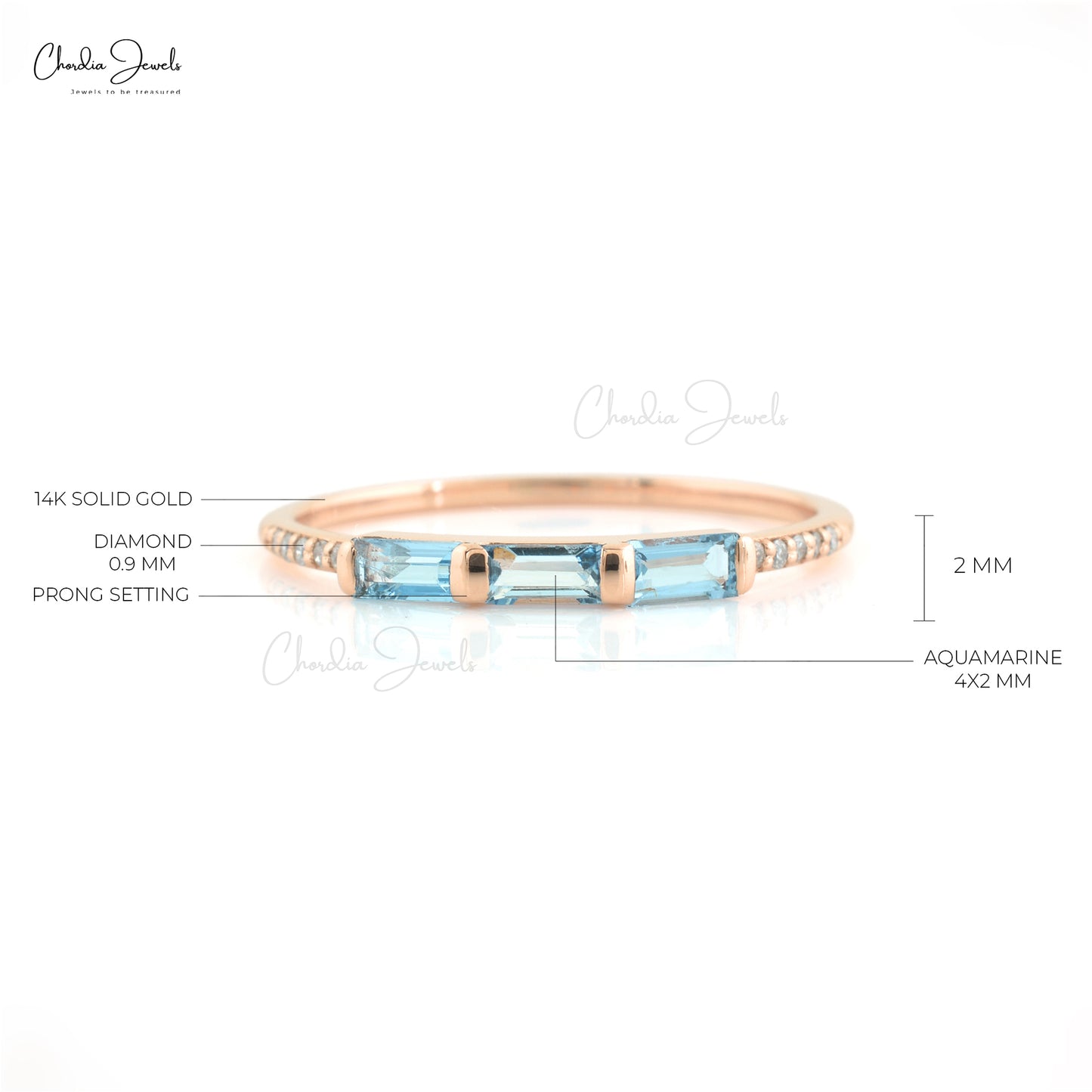 Natural 4X2mm Baguette Cut Aquamarine Ring in 14k Solid Rose Gold