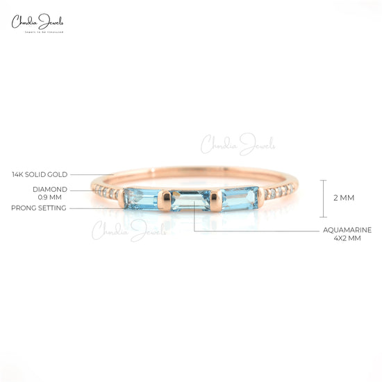 Natural 4X2mm Baguette Cut Aquamarine Ring in 14k Solid Rose Gold