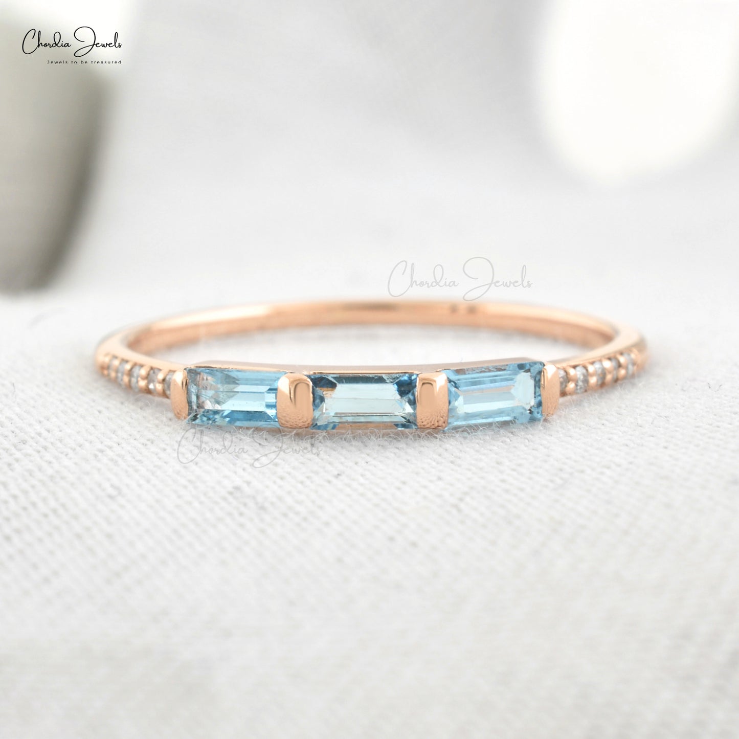 Natural 4X2mm Baguette Cut Aquamarine Ring in 14k Solid Rose Gold