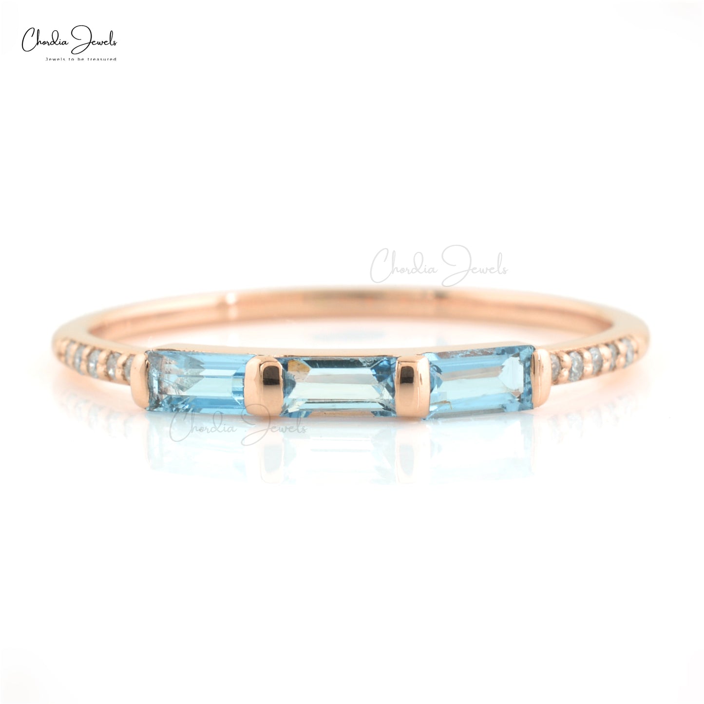 Natural 4X2mm Baguette Cut Aquamarine Ring in 14k Solid Rose Gold