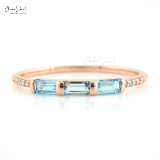 Natural 4X2mm Baguette Cut Aquamarine Ring in 14k Solid Rose Gold