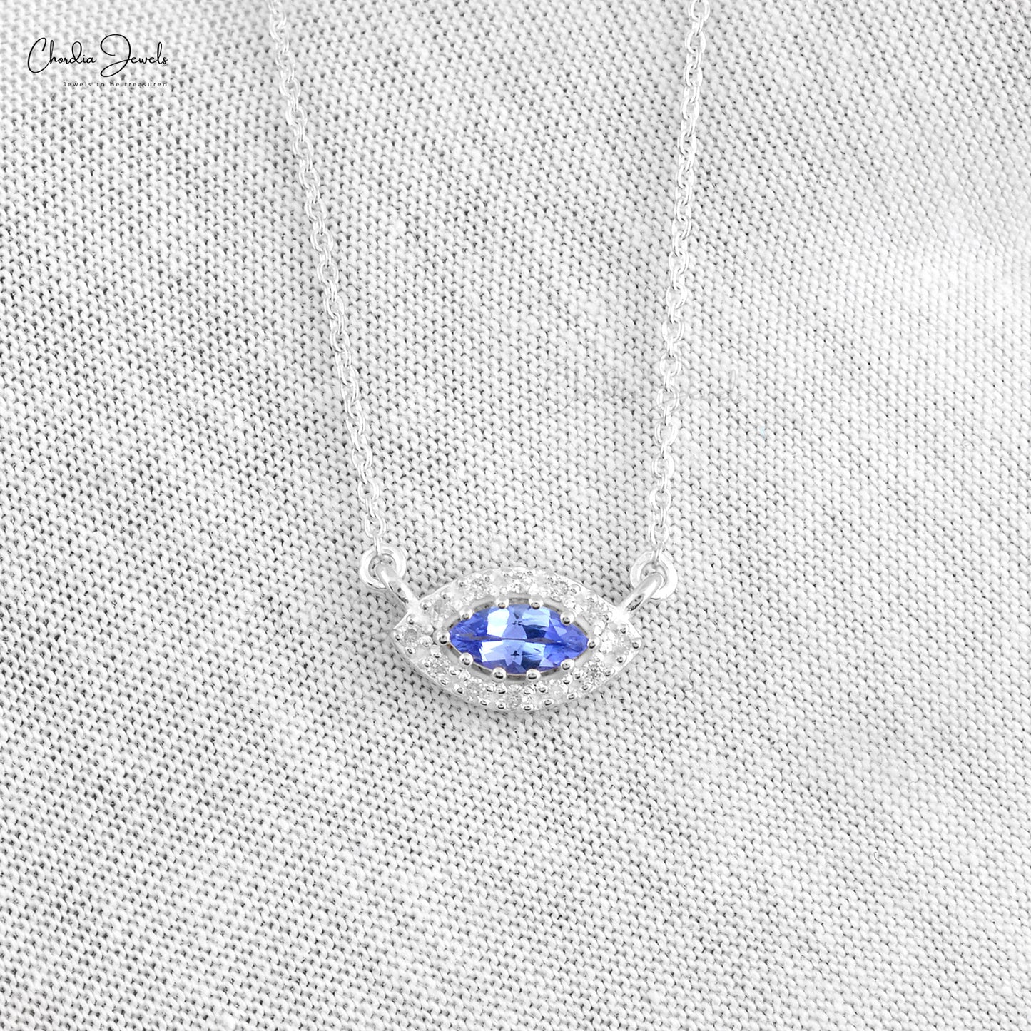 Delicate Evil Eye Charm With 0.22 Ct Tanzanite And Diamond Halo Necklace In 14k White Gold