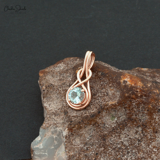 Genuine Aquamarine Solitaire Pendant In Solid 14k Rose Gold Infinity Hallmarked Necklace
