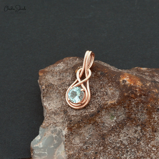 Authentic Aquamarine Infinity Pendant Necklace Real 14k Rose Gold Round Shaped Gemstone Solitaire Pendant Birthday Gift For Wife