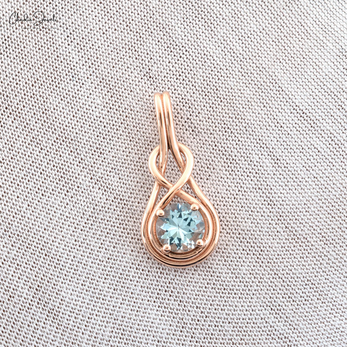 Authentic Aquamarine Infinity Pendant Necklace Real 14k Rose Gold Round Shaped Gemstone Solitaire Pendant Birthday Gift For Wife