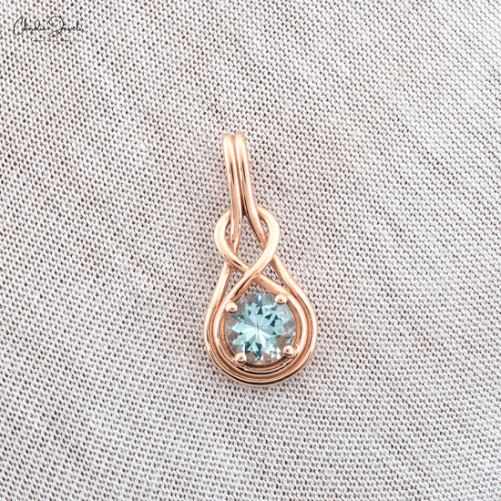 Authentic Aquamarine Infinity Pendant Necklace Real 14k Rose Gold Round Shaped Gemstone Solitaire Pendant Birthday Gift For Wife