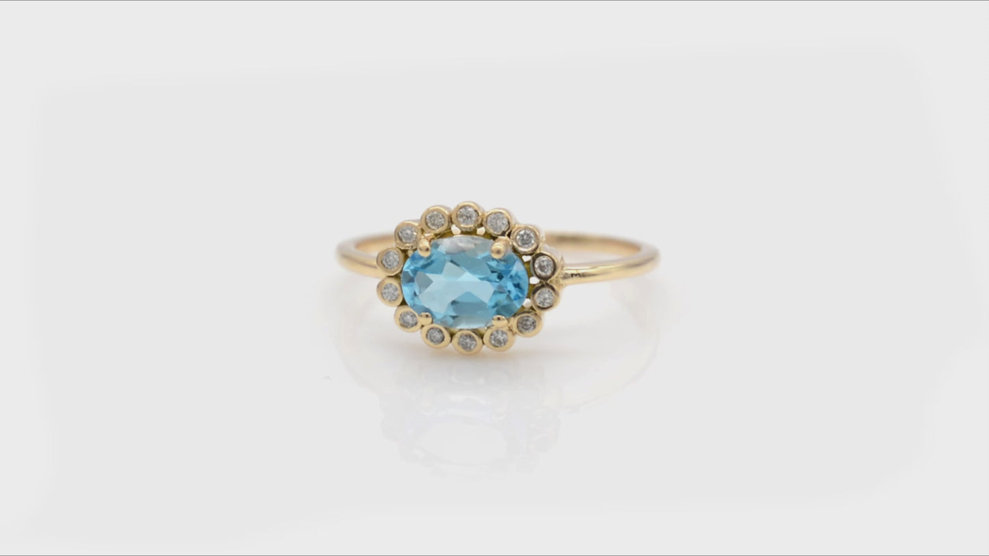 Load and play video in Gallery viewer, 14k Solid Yellow Gold Ring, Natural Swiss Blue Topaz Halo Ring, 7x5mm Oval Gemstone Ring, December Birthstone Wedding Ring Gift for Her

