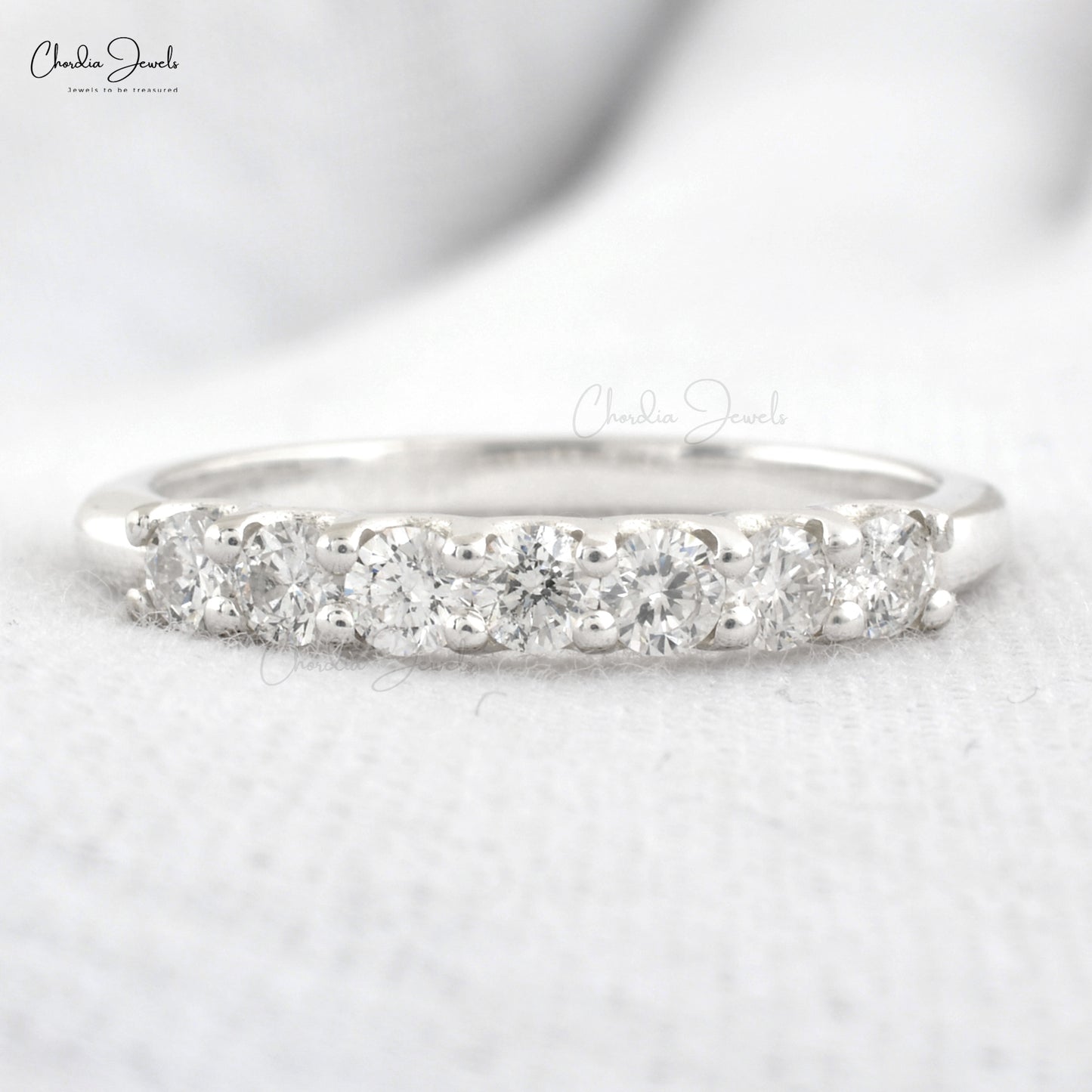 Dainty Diamond 7 Stone Half Way Band In Real 14k White Gold Stacking Promise Rings For Her