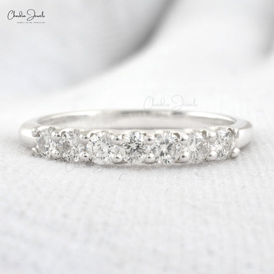 Dainty Diamond 7 Stone Half Way Band In Real 14k White Gold Stacking Promise Rings For Her
