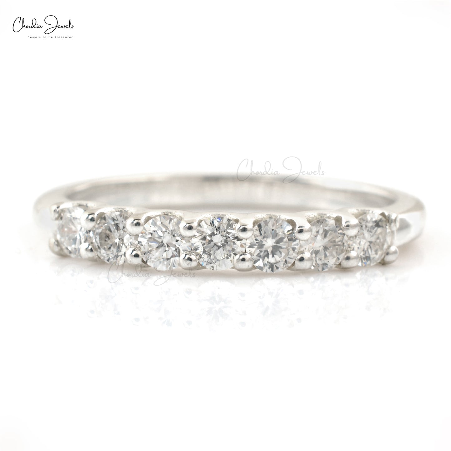 Dainty Diamond 7 Stone Half Way Band In Real 14k White Gold Stacking Promise Rings For Her