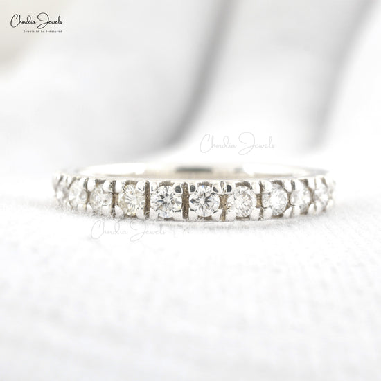 White Diamond 2mm Round Eternity Band For Wedding 14k Real White Gold Hallmarked Dainty Ring For April Birthstone