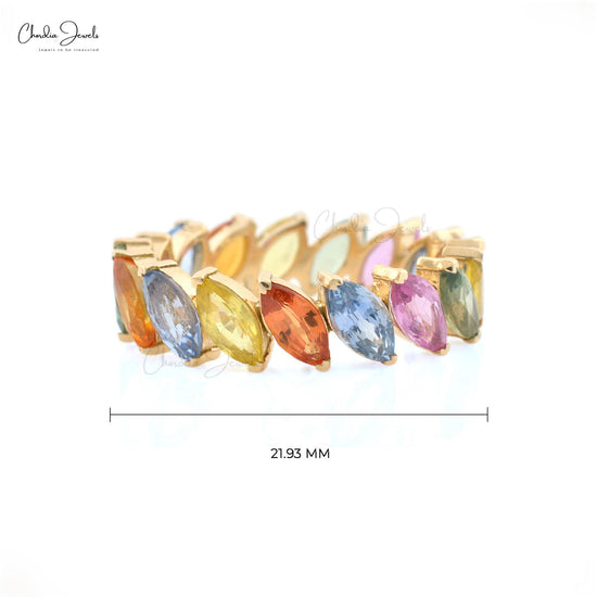 Load image into Gallery viewer, Multi sapphire eternity band ring, 14k solid Yellow gold marquise cut sapphire jewelry, September birthstone
