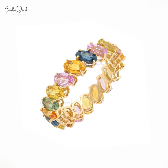 Multi sapphire eternity band ring, 14k solid Yellow gold oval cut sapphire jewelry, September birthstone