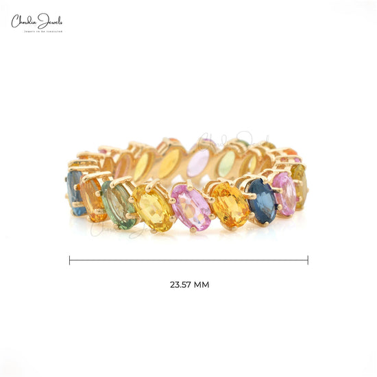 Multi sapphire eternity band ring, 14k solid Yellow gold oval cut sapphire jewelry, September birthstone