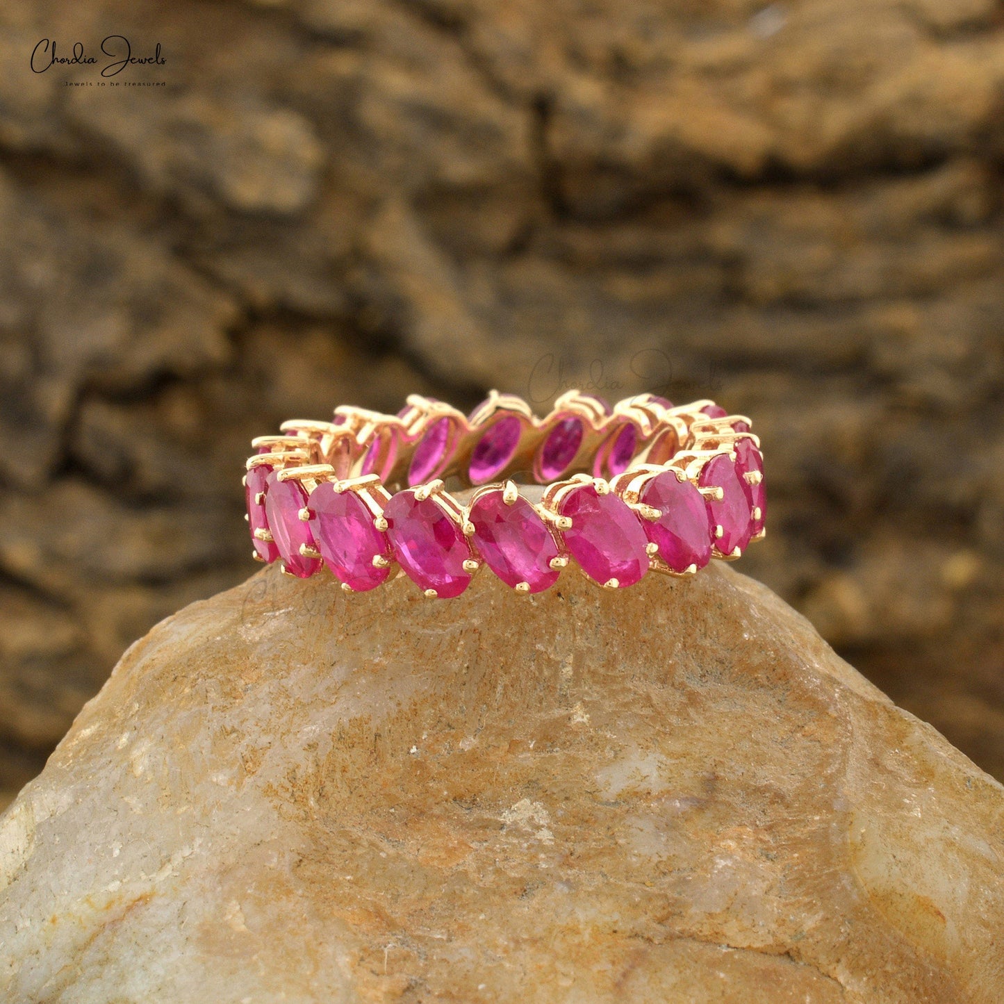 Load image into Gallery viewer, Ruby Eternity Band Ring, Oval Cut Ruby Ring in 14k Solid Yellow Gold July Birthstone
