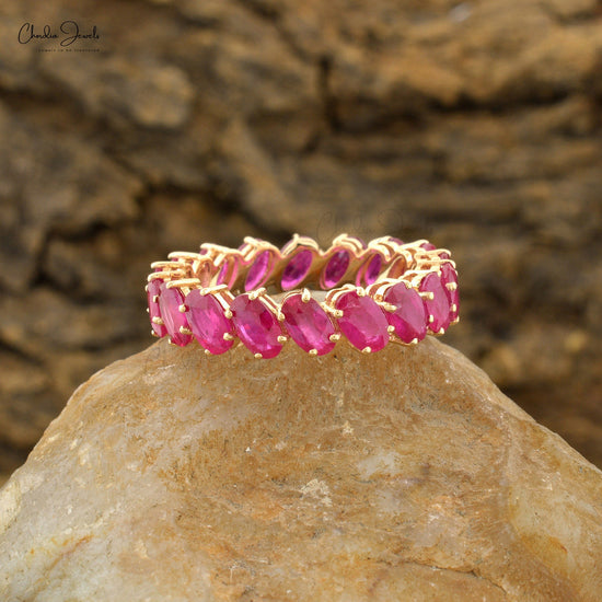 Ruby Eternity Band Ring, Oval Cut Ruby Ring in 14k Solid Yellow Gold July Birthstone