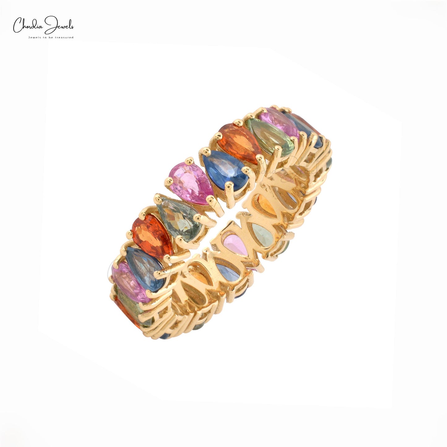 Pear Gemstone Eternity Band in 14k Yellow Gold Rainbow Sapphire Stackable Wedding Ring