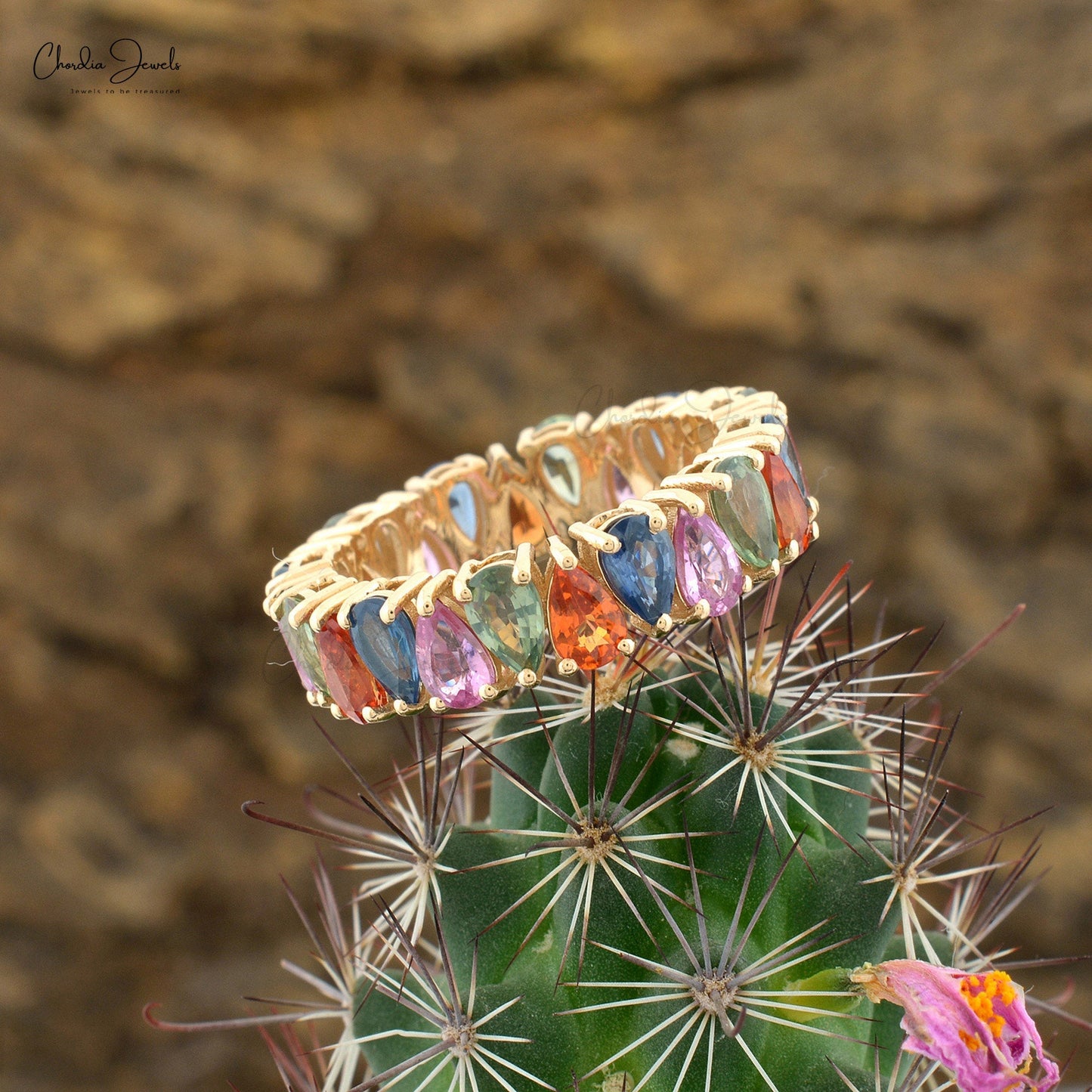 Pear Cut Multi Sapphire Eternity Band Ring For Her, September Birthstone Ring In 14k Solid Gold