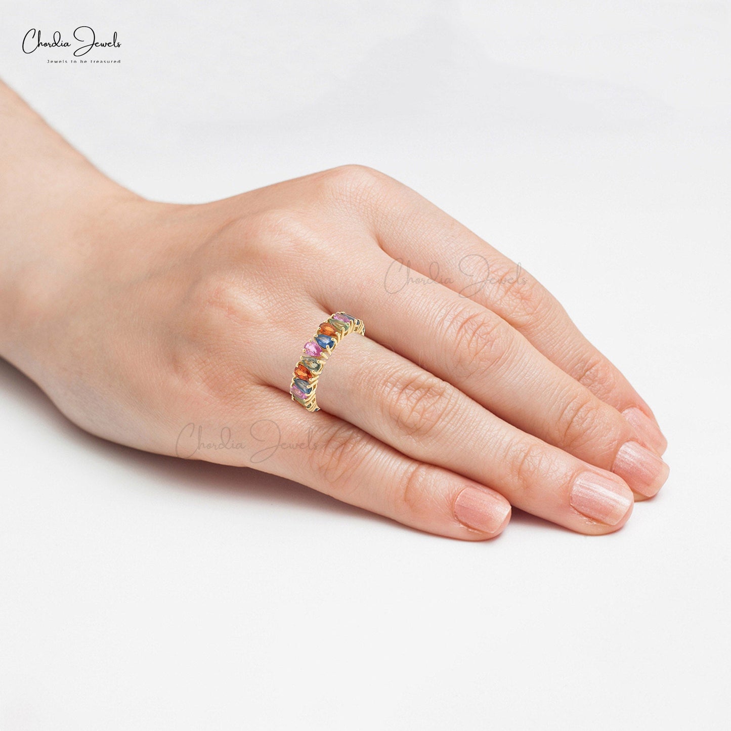 Pear Gemstone Eternity Band in 14k Yellow Gold Rainbow Sapphire Stackable Wedding Ring